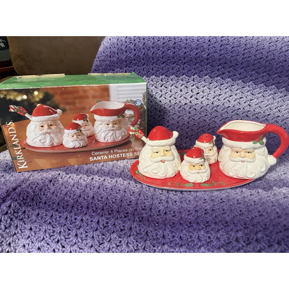 Kirkland’s Ceramic 4 Pieces On Tray Santa Hostess Set COMPLETE EUC
